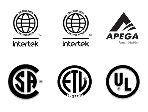 ogos for ISO, APEGA, CSA, ETL, UL, signifying August Electronics' certified manufacturing standards.