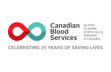 Logo of Canadian Blood Services, featuring a stylized infinity symbol in red and teal colors on the left, and the text 'Canadian Blood Services' to the right. The words 'Blood, Plasma, Stem Cells, Organs & Tissues' are listed vertically. Below, the text reads 'Celebrating 25 Years of Saving Lives' in gray.