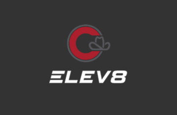 Logo of ELEV8, featuring a stylized red 'C' with a cowboy hat inside it above the text 'ELEV8' in bold white letters on a dark background.