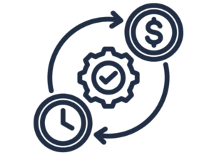 "Iconic representation of the electronic product development process, featuring a circular flow diagram with three elements: a clock symbolizing time, a gear for design and development, and a dollar sign representing budget and financial considerations. These symbols are interconnected by arrows indicating the cyclical nature of the process.