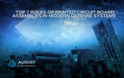 Graphic for a blog post titled 'Top 7 Roles of Printed Circuit Board Assemblies in Modern Defense Systems'. The image features a digitally rendered scene with a military truck and missile launcher system against a blue-toned background with digital map overlays. The August Electronics logo is displayed at the bottom left corner, emphasizing the company's involvement in defense systems.