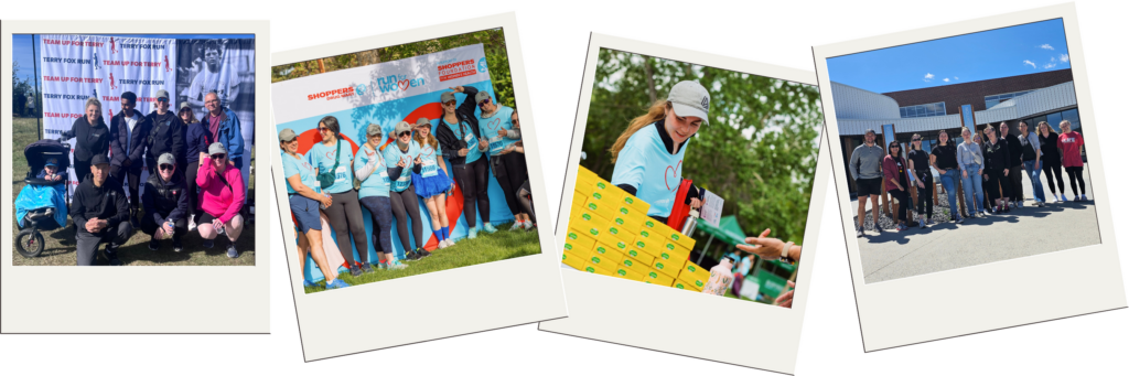  collage of four photos showcasing community and team events by August Electronics in 2024. The first photo features a group at the Terry Fox Run, posing in front of a "Team Up for Terry" backdrop. The second photo shows a team in matching blue shirts at the Shoppers Drug Mart Run for Women, smiling and celebrating together. The third image highlights a volunteer handing out boxes at an outdoor community event. The final photo captures a group of employees posing in front of a modern building on a sunny day, showcasing team spirit and camaraderie.