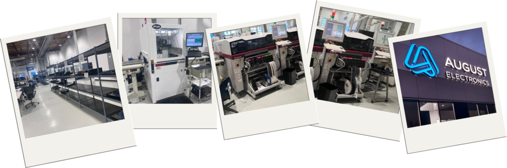 A collage of five photos showcasing August Electronics' advanced manufacturing facilities and equipment. The first photo displays a clean and organized production floor with empty industrial shelving units. The second image features a PVA Conformal Coating Machine with a monitor displaying system data. The third and fourth photos highlight advanced ASM Pick-and-Place Machines, essential for high-precision electronics manufacturing. The final image shows the illuminated August Electronics logo on the exterior of their modern facility at dusk, emphasizing the company's professional and innovative branding.