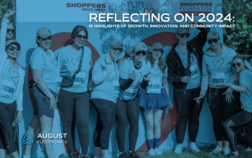 A group of August Electronics team members smiling and posing together at the Shoppers Drug Mart Run for Women event in 2024. The group is wearing matching blue shirts with a heart design, celebrating community involvement and teamwork. The backdrop features the event branding and logos, with the headline text "Reflecting on 2024: 15 Highlights of Growth, Innovation, and Community Impact" overlaid.