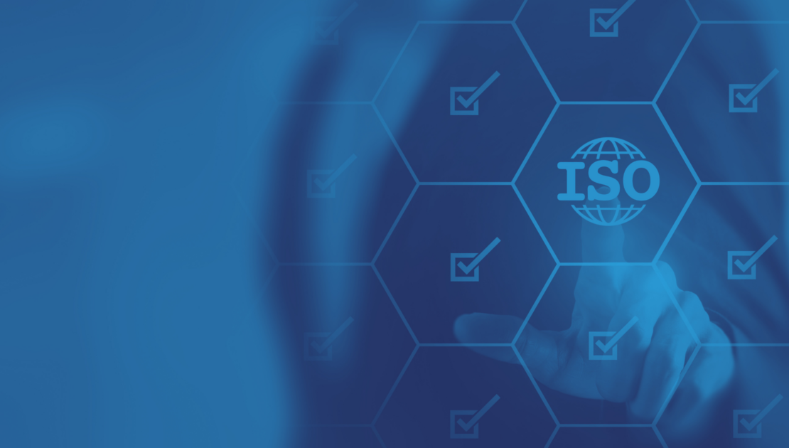 ISO certification concept with a digital interface, checkmarks, and a person selecting the ISO logo on a blue background. Represents quality standards like ISO 9001 and ISO 13485 in electronics manufacturing.